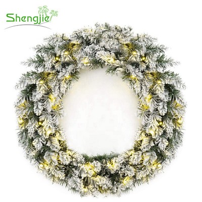 60cm Hanging Decorative Plastic Large Artificial Flocked Christmas LED Wreath for Front Door